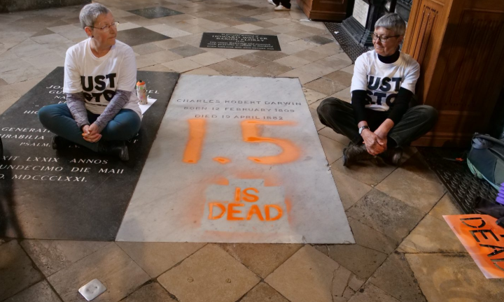 Two climate protesters painted Charles Darwin's grave orange to warn that Earth is getting dangerously hot.