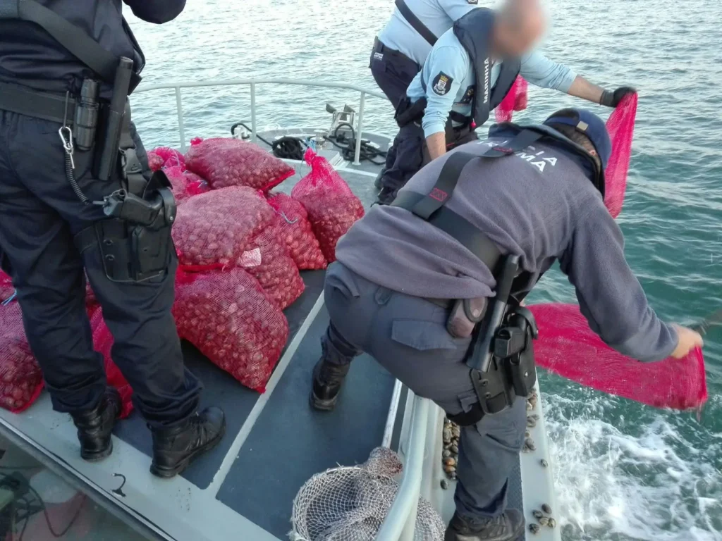 Officers on a boat handling large red mesh bags. Photo Source - EUROPOL