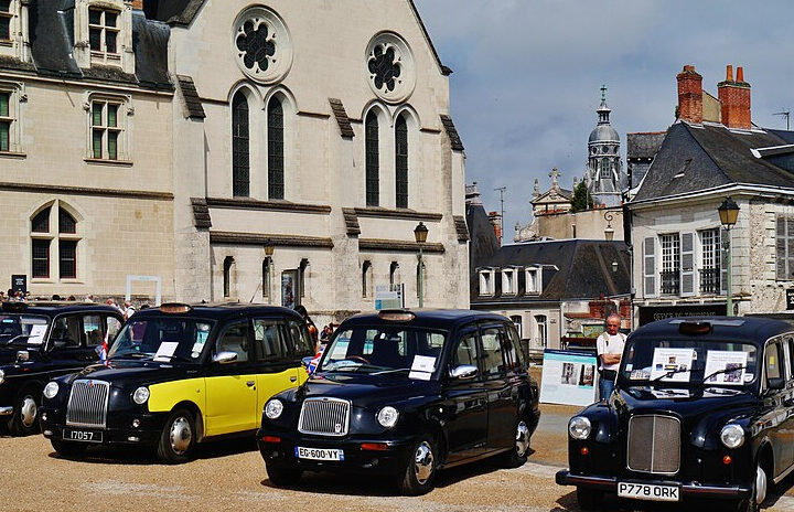 London Cabs in Front of Blois Castle, Blois, Department of Loir-et-Cher, Region of Centre-Loire Valley, France