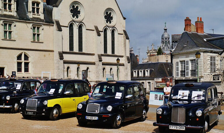 London Cabs in Front of Blois Castle, Blois, Department of Loir-et-Cher, Region of Centre-Loire Valley, France