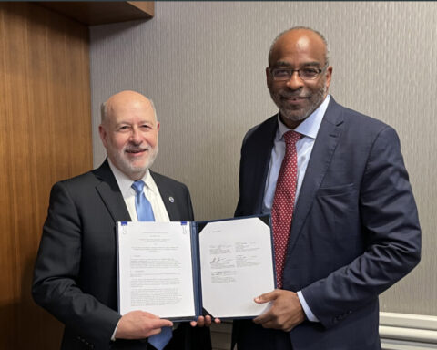 Dr. Rick Spinrad, NOAA administrator (left), and Dr. Everette Joseph, Director of the National Center for Atmospheric Research, hold up an expanded Memorandum of Understanding on December 10, 2024 in Washington DC. The MOU will strengthen the partnership between NOAA and NCAR to advance and accelerate our understanding and application of Earth system science. (Photo Source: NOAA)