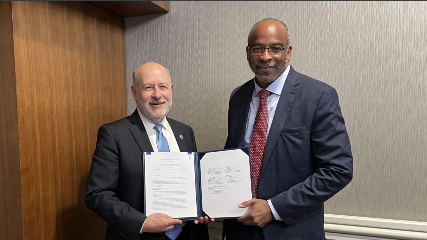 Dr. Rick Spinrad, NOAA administrator (left), and Dr. Everette Joseph, Director of the National Center for Atmospheric Research, hold up an expanded Memorandum of Understanding on December 10, 2024 in Washington DC. The MOU will strengthen the partnership between NOAA and NCAR to advance and accelerate our understanding and application of Earth system science. (Photo Source: NOAA)