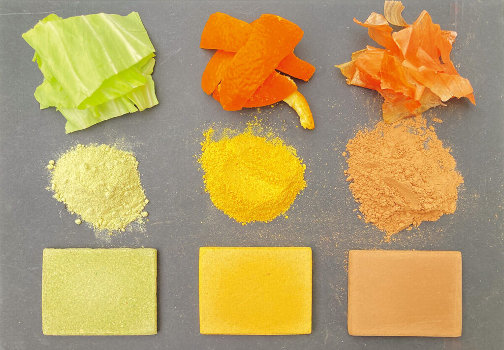 Examples of materials made from fruit and vegetable waste (cabbage, orange, onion). Photo Source: The University of Tokyo