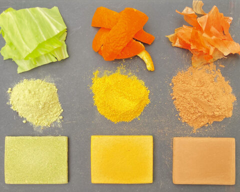 Examples of materials made from fruit and vegetable waste (cabbage, orange, onion). Photo Source: The University of Tokyo