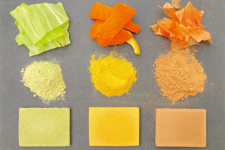 Examples of materials made from fruit and vegetable waste (cabbage, orange, onion). Photo Source: The University of Tokyo