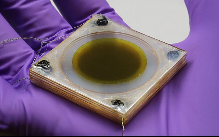 A new UCLA-developed cooling device made of six thin layers of nanotube-coated polymer films about one-quarter of an-inch thick. Photo Source: UCLA Soft Materials Research Laboratory