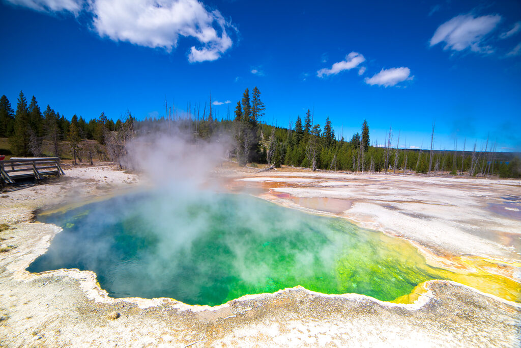 Representative Image. The biggest volcano on the planet is the Yellowstone Caldera. A volcano this size can make lifo on this planet harsh for many years when it erupts. Until that day mud pools and springs where hot water is rising to the surface offer spectacular views.