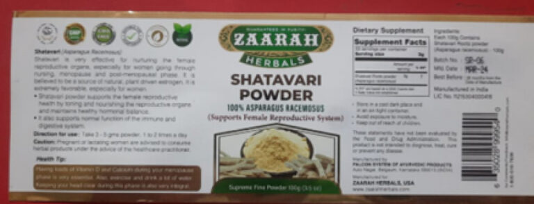 Zaarah Herbals Shatavari Powder Recalled for Lead, Photo Source: US food and drug administration