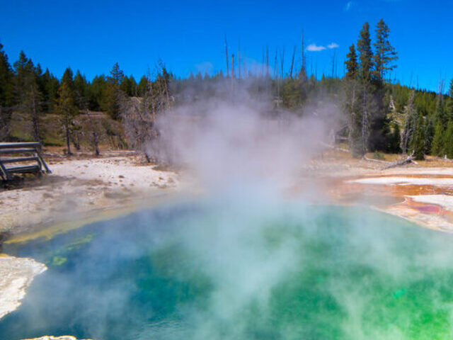 Representative Image. The biggest volcano on the planet is the Yellowstone Caldera. A volcano this size can make lifo on this planet harsh for many years when it erupts. Until that day mud pools and springs where hot water is rising to the surface offer spectacular views.