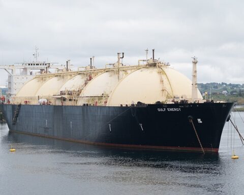 LNG tanker, Gulf Energy, at anchor in the Karmsundet Strait beside Bukkøy Island, at Avaldsnes, Norway