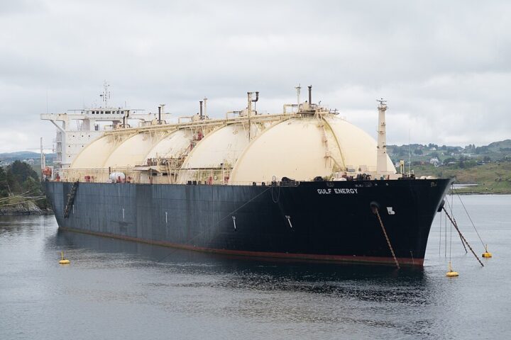 LNG tanker, Gulf Energy, at anchor in the Karmsundet Strait beside Bukkøy Island, at Avaldsnes, Norway