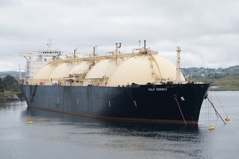 LNG tanker, Gulf Energy, at anchor in the Karmsundet Strait beside Bukkøy Island, at Avaldsnes, Norway