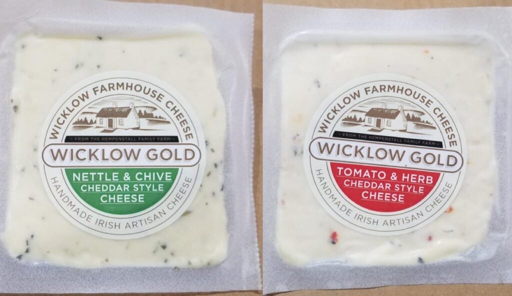 Wicklow Gold Cheddar Nettle & Chive Product Photo on the Left & Wicklow Gold Cheddar Tomato & Herb on the right. Photo Source: FDA