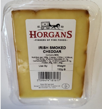 A packaged block of Irish smoked cheddar cheese from the brand Horgans. Photo Source - FSA