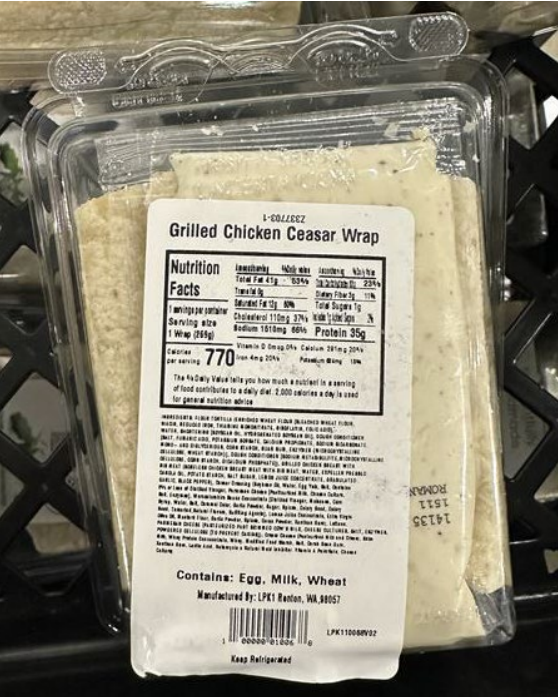 A packaged food item labeled "Grilled Chicken Caesar Wrap." Photo Source - USDA