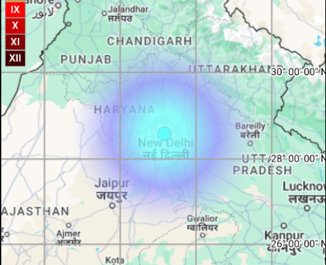 A map of an earthquake event, highlighting regions in northern India. Photo Source - National Center for Seismology (Twitter).