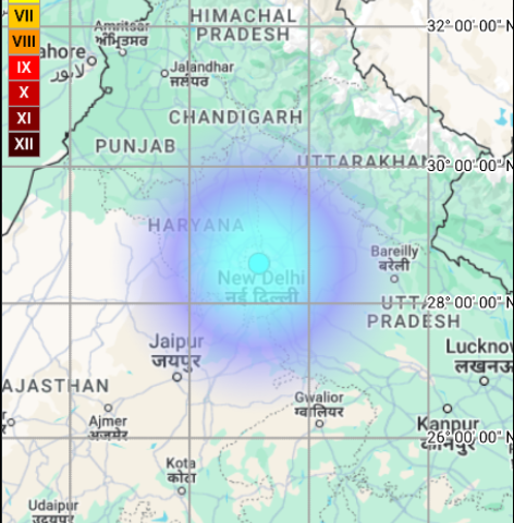 A map of an earthquake event, highlighting regions in northern India. Photo Source - National Center for Seismology (Twitter).