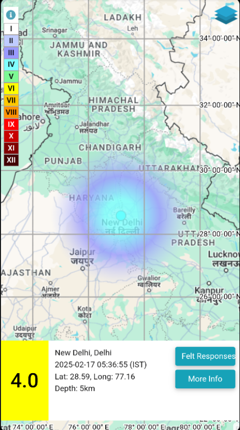 A map of an earthquake event, highlighting regions in northern India. Photo Source - National Center for Seismology (Twitter).