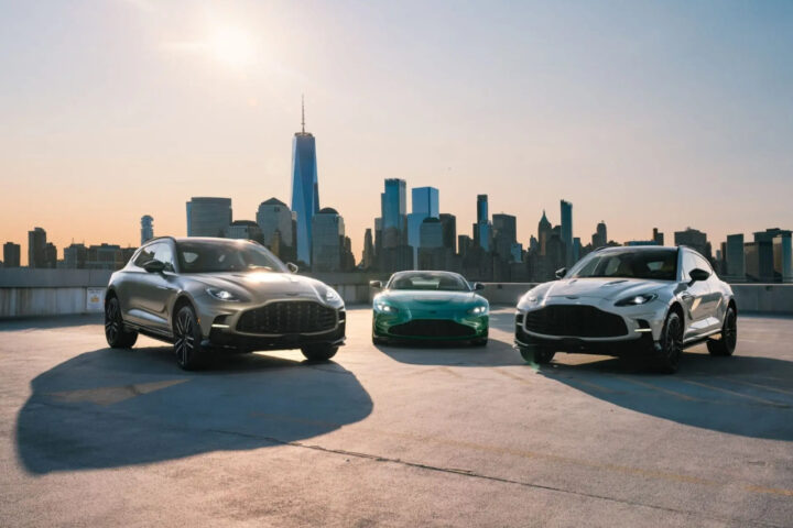 Representative image. Three Aston Martin DBX SUVs are lined up against a backdrop of the New York City skyline.