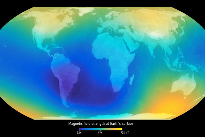 Strength of magnetic field at earth surface. Photo Source - European Space Agency