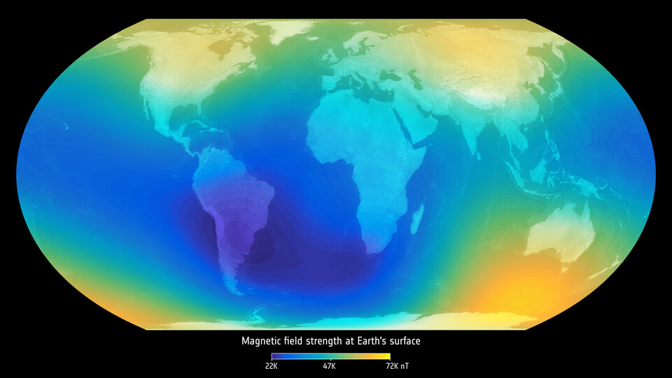 Strength of magnetic field at earth surface. Photo Source - European Space Agency