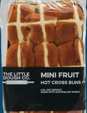 A package of mini fruit hot cross buns from "The Little Dough Co." Photo Source - Food Standards (Facebook)