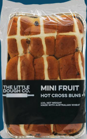 A package of mini fruit hot cross buns from "The Little Dough Co." Photo Source - Food Standards (Facebook)