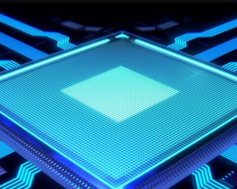 Representative image. Futuristic, glowing blue computer chip close-up, with symmetrical lines and grid pattern, representing technology and computation.