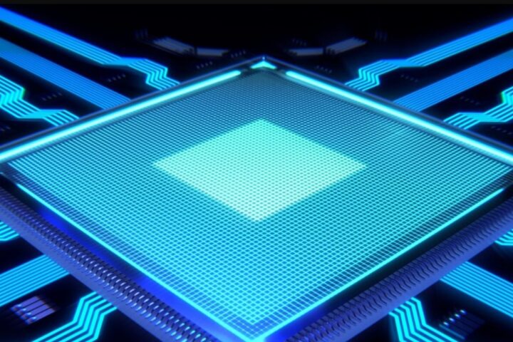 Glowing chip with blue lines