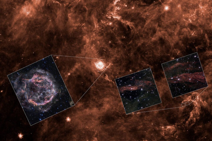 Spitzer Image: NASA/JPL-Caltech/Y. Kim (Univ. of Arizona/Univ. of Chicago). Cassiopeia A Inset: NASA, ESA, CSA, STScI, Danny Milisavljevic (Purdue University), Ilse De Looze (UGent), Tea Temim (Princeton University). Light Echoes Inset: NASA, ESA, CSA, STScI, J. Jencson (Caltech/IPAC).