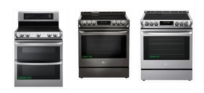 Representative Image: Different models of LG electric stoves, with model numbers visible on each unit. Photo Source: Recalls and safety alerts (www.canada.ca)