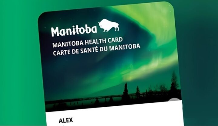 Manitoba Health Card with a dark silhouette of trees and a lake, giving it a visually appealing design. Photo Source: Government of Manitoba