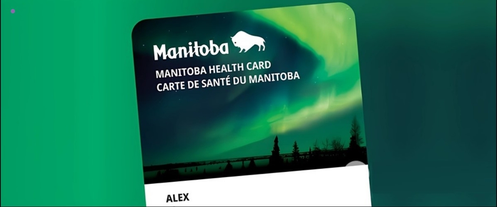 Manitoba Health Card with a dark silhouette of trees and a lake, giving it a visually appealing design. Photo Source: Government of Manitoba