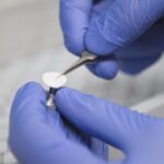 Gloved hands carefully handle a small, white sample with tweezers. Photo Source: University of New Mexico