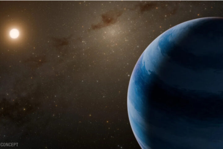 This artist’s concept visualizes a super-Neptune world orbiting a low-mass star near the center of our Milky Way galaxy. Scientists recently discovered such a system that may break the current record for fastest exoplanet system, traveling at least 1.2 million miles per hour, or 540 kilometers per second.