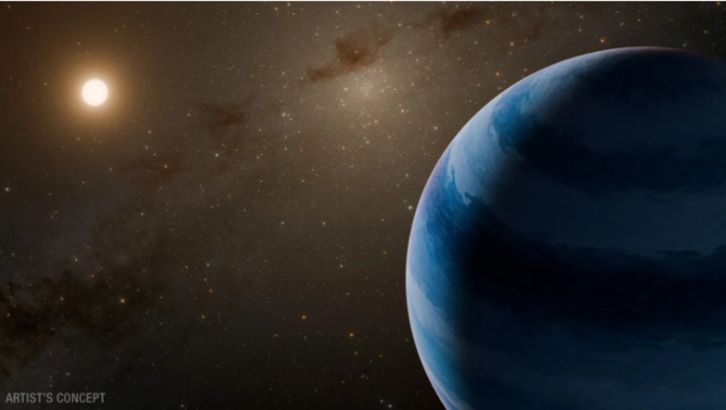 This artist’s concept visualizes a super-Neptune world orbiting a low-mass star near the center of our Milky Way galaxy. Scientists recently discovered such a system that may break the current record for fastest exoplanet system, traveling at least 1.2 million miles per hour, or 540 kilometers per second.