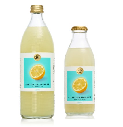 Two bottles of a beverage labeled "Salted Grapefruit" by StrangeLove. Photo Source: NSW food Government.