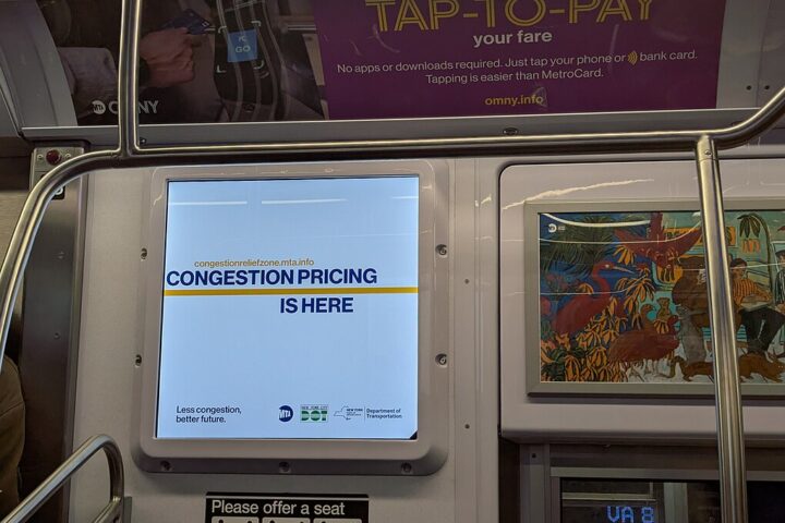 Representative Image: Congestion pricing announcement on the NYC subway. Photo Source: Sdkb (CC BY-SA 4.0)