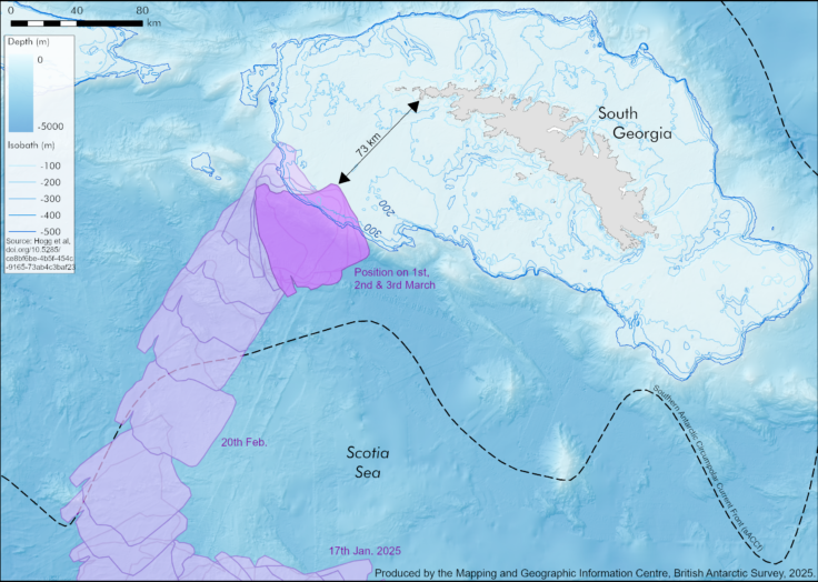 Graphic shows the route the A23a iceberg has taken since 17 January 2025 – and that it has been static since 1 March. Credit: the Mapping and Geographic Information Centre, British Antarctic Survey