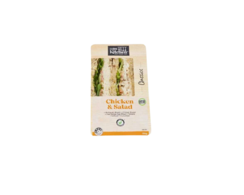 Coles Kitchen Chicken & Salad sandwich, With white packaging. Photo Source: Food Standards Australia New Zealand.