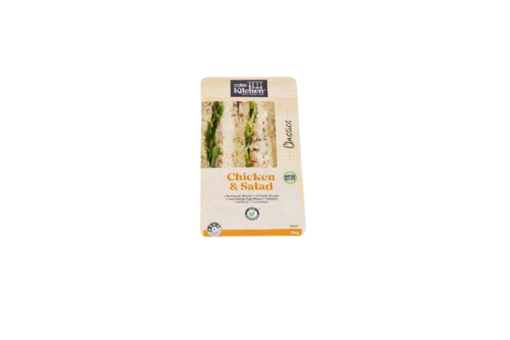 Coles Kitchen Chicken & Salad sandwich, With white packaging. Photo Source: Food Standards Australia New Zealand.