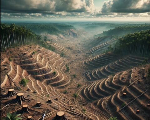 Representative Image. AI Generated Image: Large-scale deforestation, showing a once-lush forest that has been cleared, leaving behind barren, terraced land with tree stumps and remnants of fallen trees.