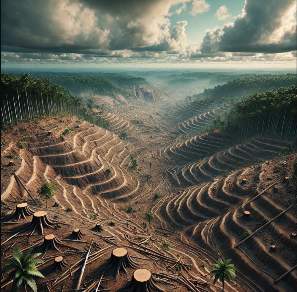 Representative Image. AI Generated Image: Large-scale deforestation, showing a once-lush forest that has been cleared, leaving behind barren, terraced land with tree stumps and remnants of fallen trees.