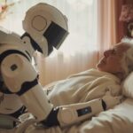 Representative Image: a humanoid robot leaning over an elderly woman who is lying in bed. The scene conveys a futuristic or sci-fi concept, possibly illustrating AI or robotics in elderly care, human-robot interaction, or ethical dilemmas in healthcare automation. Photo Source: CC Null (CC BY-2.0 DE)