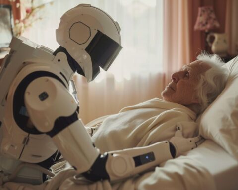 Representative Image: a humanoid robot leaning over an elderly woman who is lying in bed. The scene conveys a futuristic or sci-fi concept, possibly illustrating AI or robotics in elderly care, human-robot interaction, or ethical dilemmas in healthcare automation. Photo Source: CC Null (CC BY-2.0 DE)