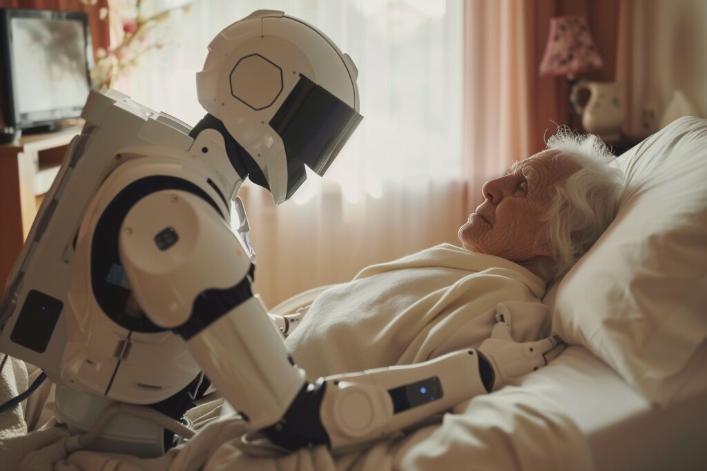 Representative Image: a humanoid robot leaning over an elderly woman who is lying in bed. The scene conveys a futuristic or sci-fi concept, possibly illustrating AI or robotics in elderly care, human-robot interaction, or ethical dilemmas in healthcare automation. Photo Source: CC Null (CC BY-2.0 DE)