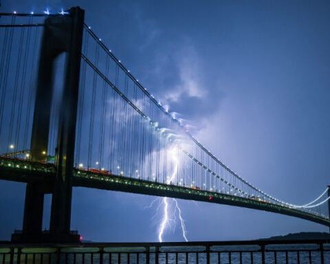 Verrazzano Bridge, lightning, dramatic night. Photo Source: mta.info.