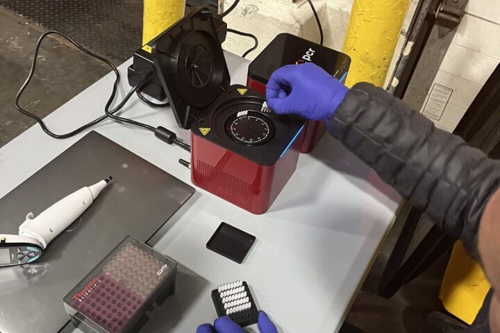 Florida International University scientist Diego Cardeñosa inserts the collected samples from imported fish into the PCR device to identify the fish species. Photo Source:: NOAA Fisheries