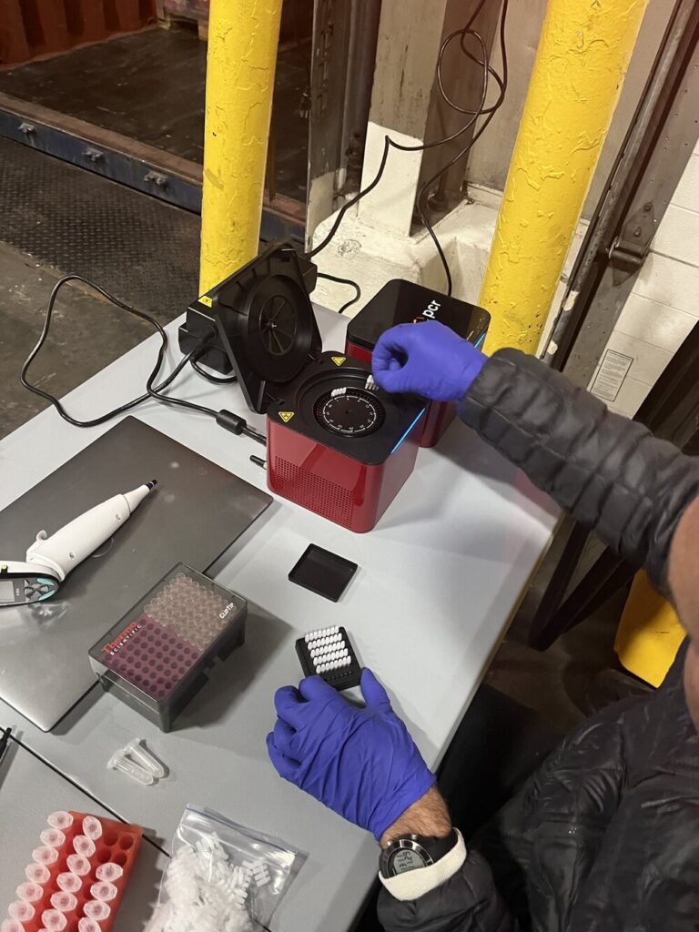 Florida International University scientist Diego Cardeñosa inserts the collected samples from imported fish into the PCR device to identify the fish species. Photo Source:: NOAA Fisheries