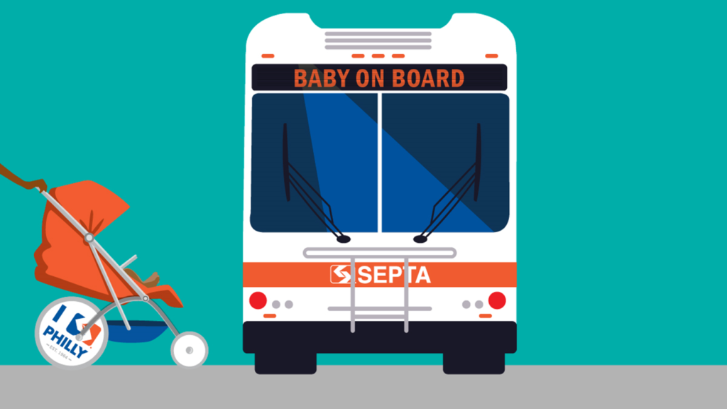 A front view of a SEPTA bus with the words "BABY ON BOARD" displayed on its destination sign. Photo Source -SEPTA